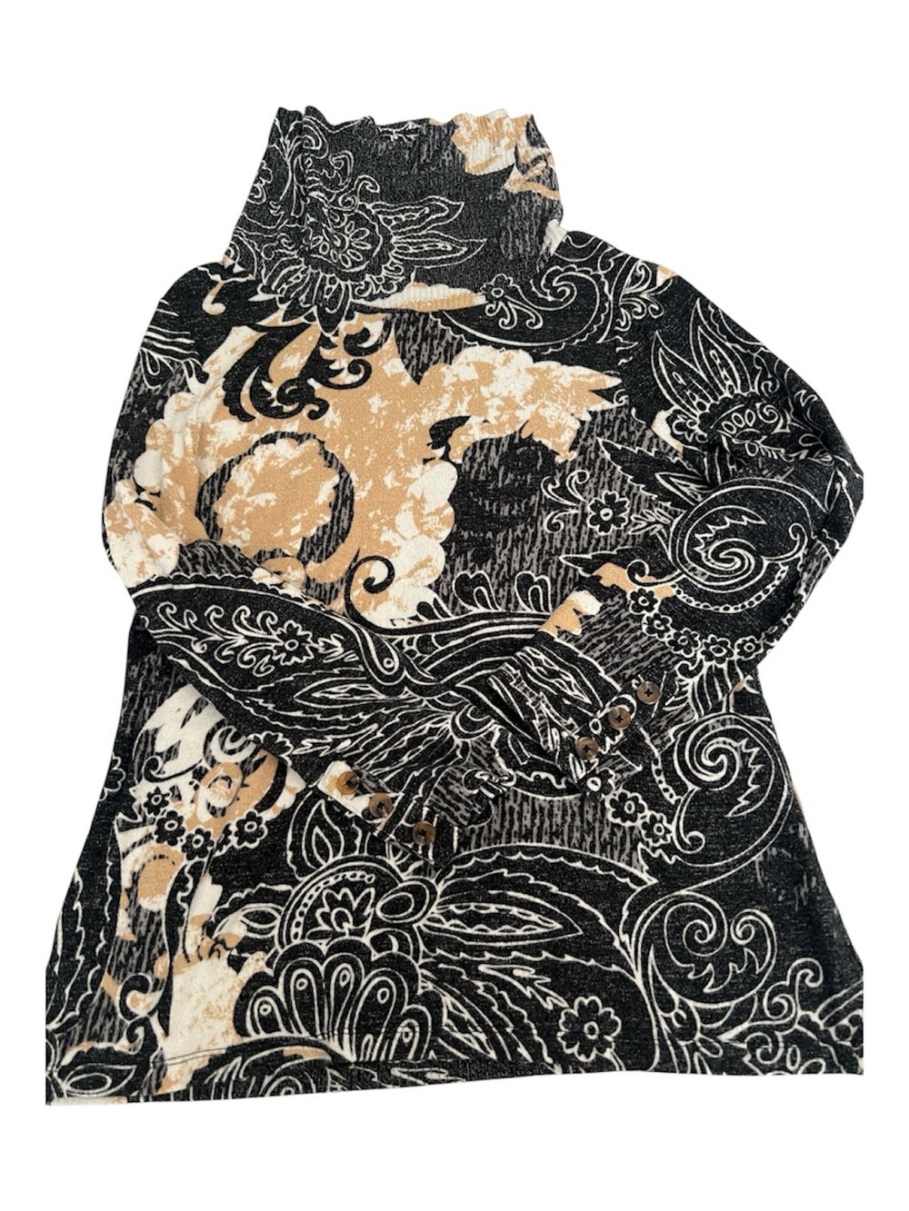 Chicos Size 0/S Black Beige & Cream Paisley Turtleneck Lightweight Top GUC